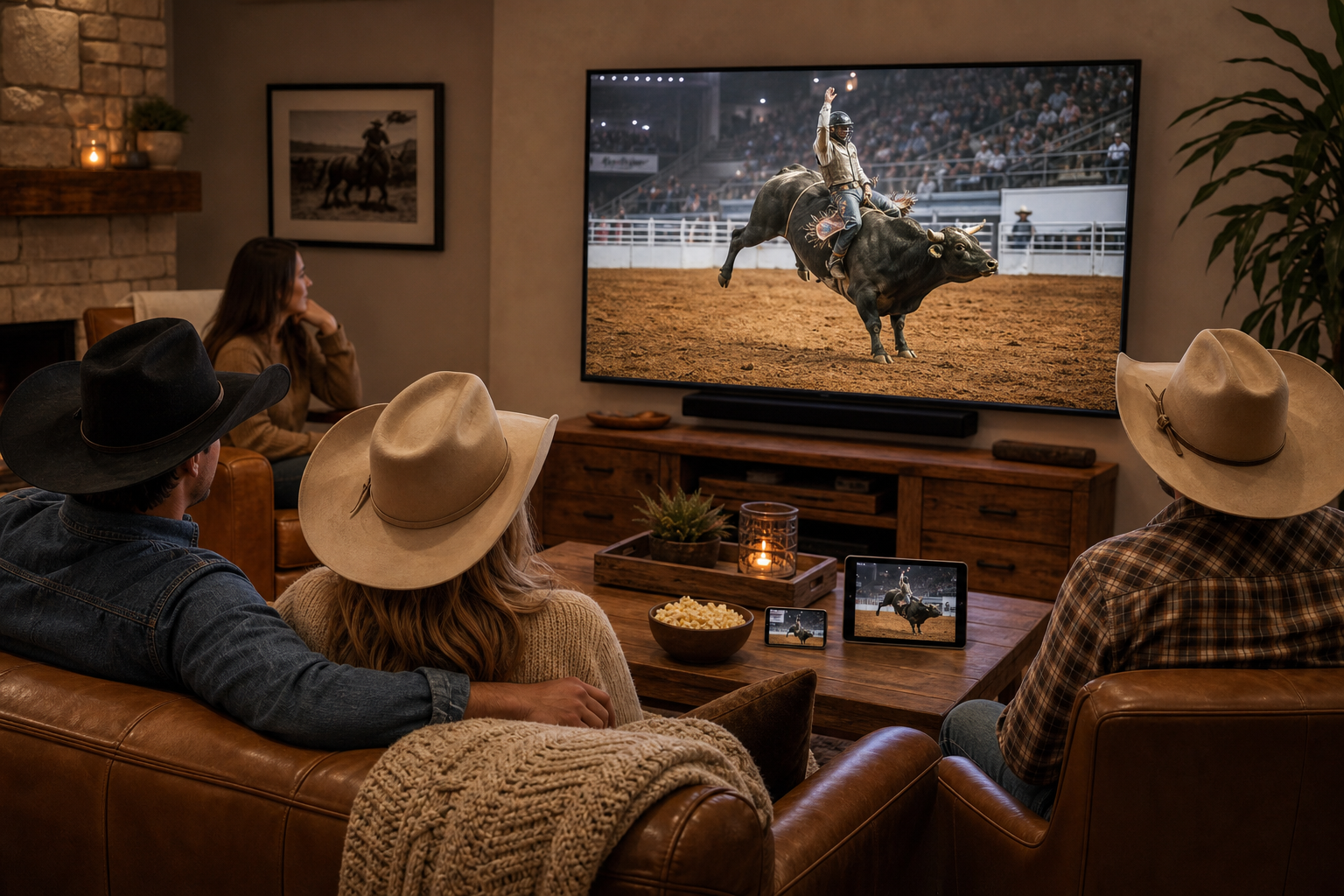 Rodeo fans watching a bull riding broadcast on TV and mobile devices
