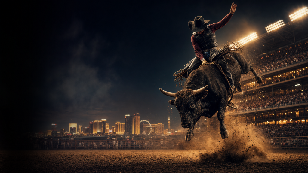 Bull rider competing in a Las Vegas rodeo arena at night
