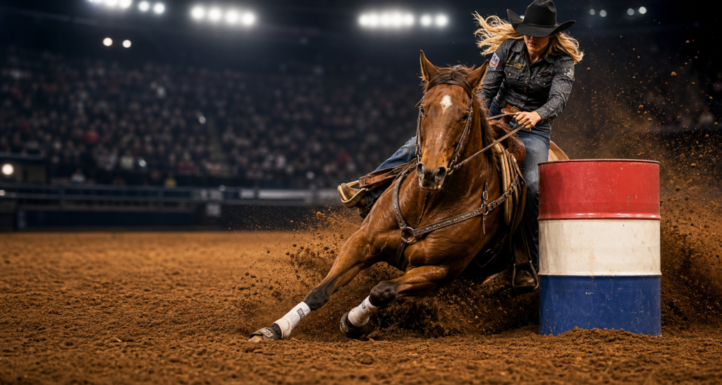 Realistic NFR barrel racing arena action for Cowboy Plus blog