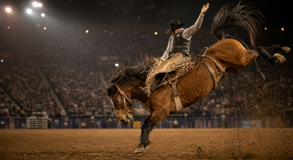 Realistic NFR saddle bronc riding arena action for The Cowboy Channel blog