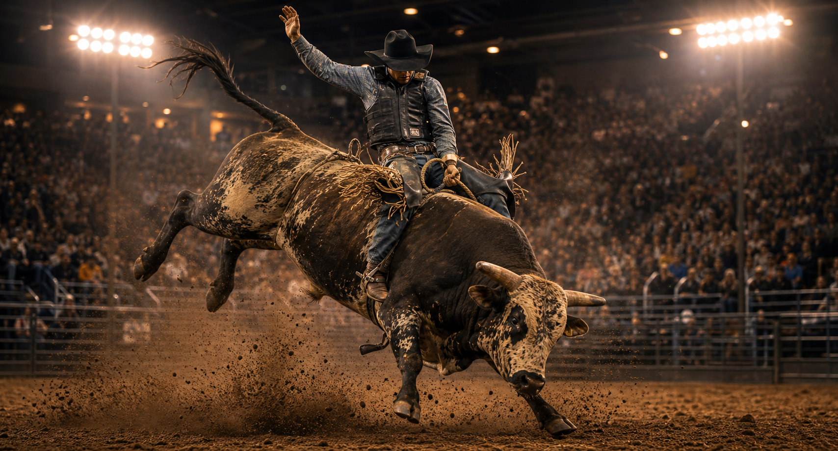 PRCA bull rider competing in a rodeo arena