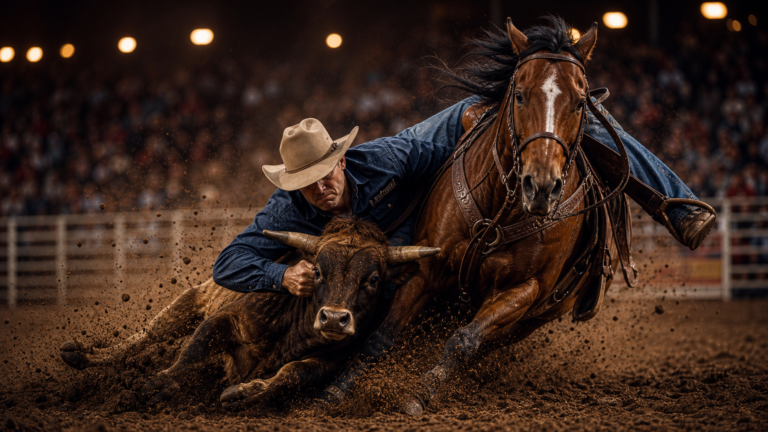 Steer wrestling action representing the PRCA World Standings race