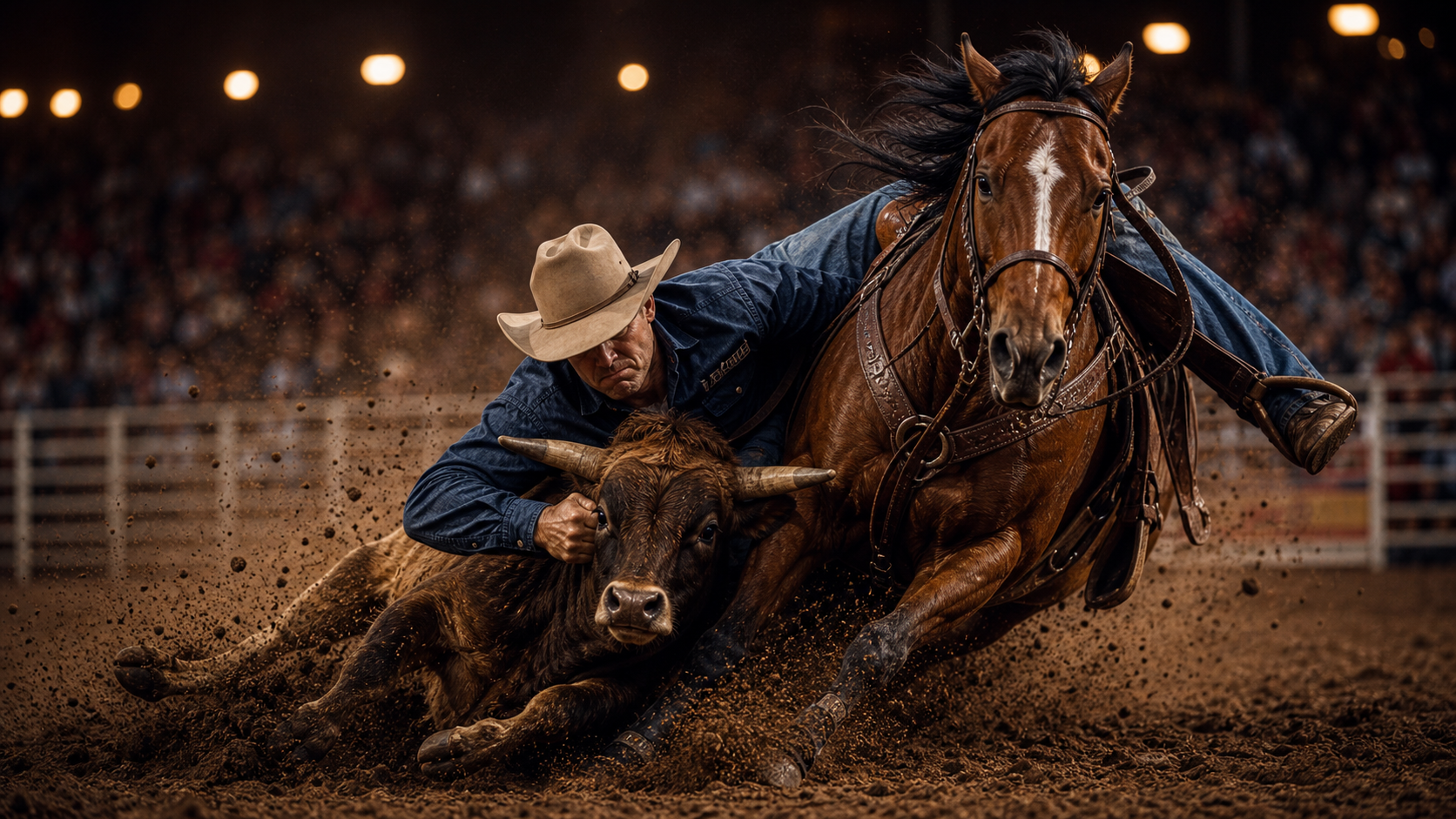 Steer wrestling action representing the PRCA World Standings race