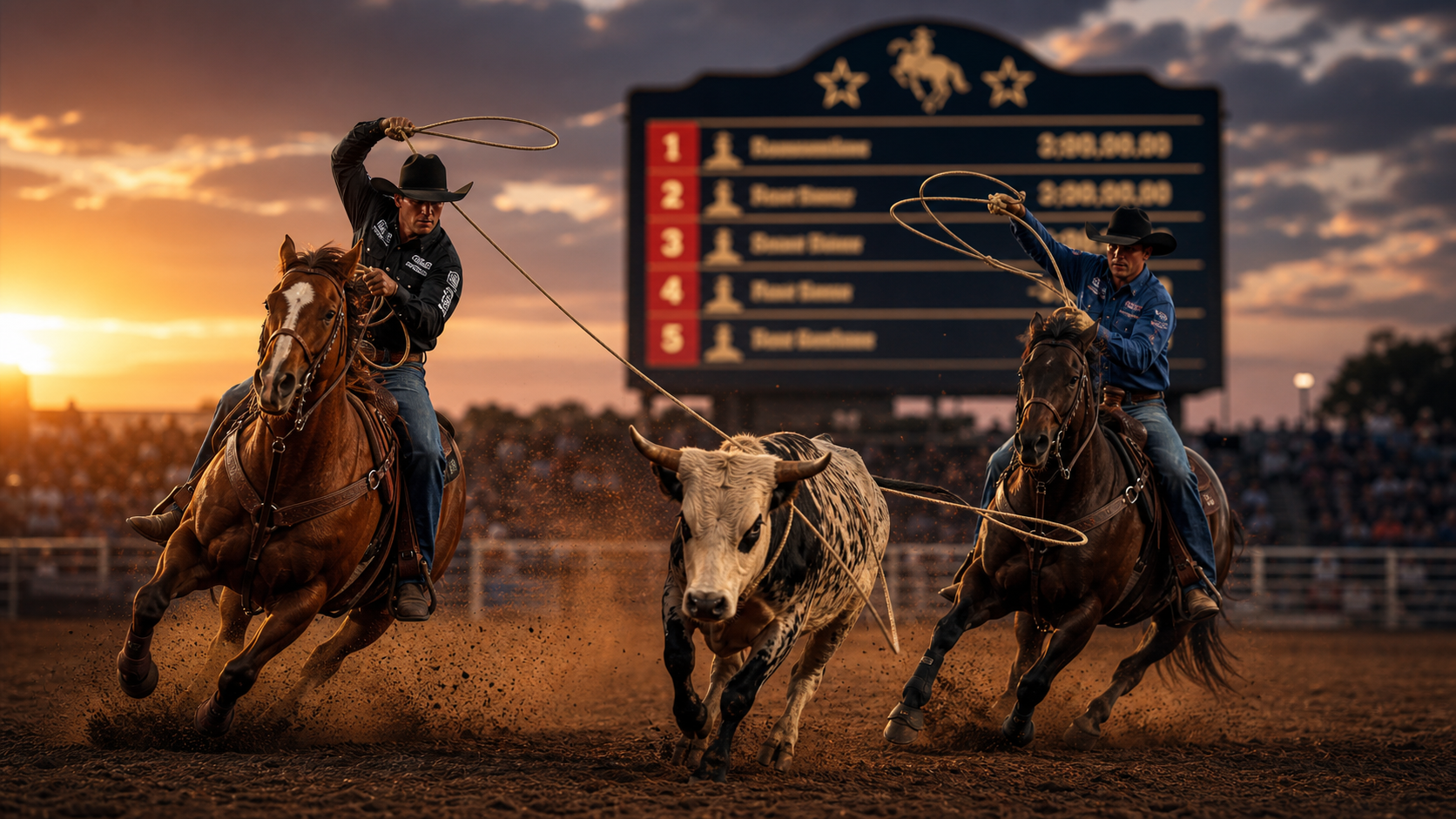 Team roping action representing the 2026 PRCA World Standings race