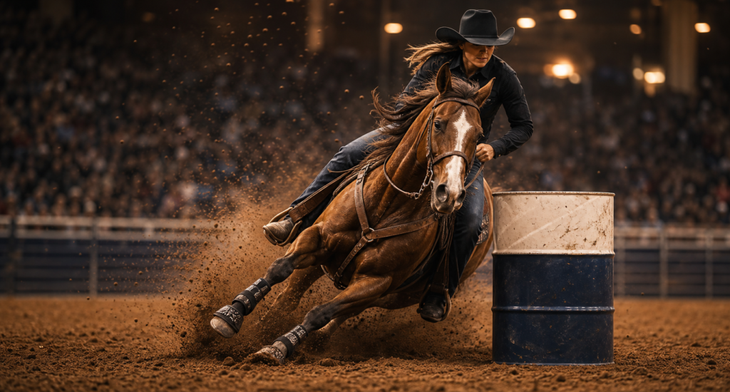 WPRA barrel racing competitor turning a barrel in a rodeo arena