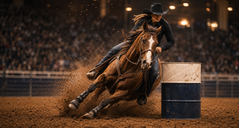 WPRA barrel racing competitor turning a barrel in a rodeo arena