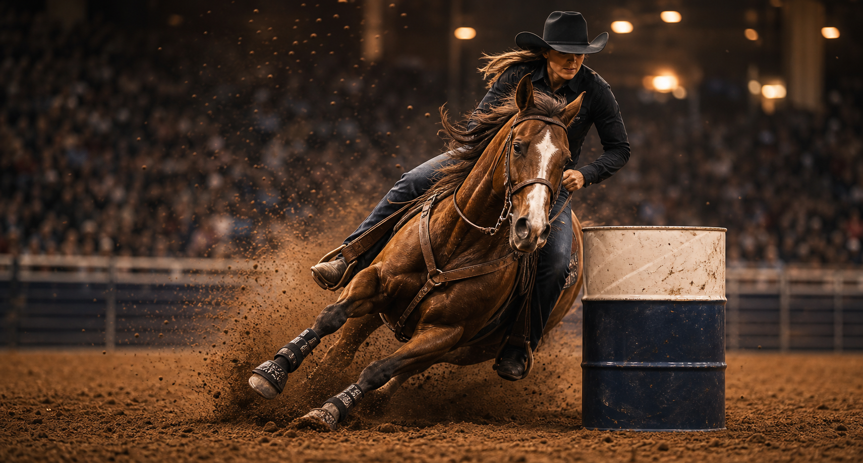 WPRA barrel racing competitor turning a barrel in an arena